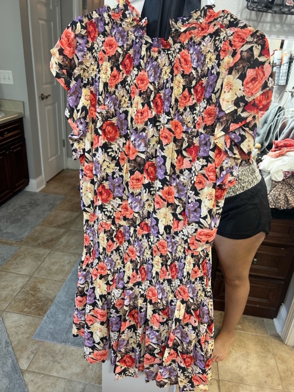 entro Floral Smocked Dress in Coral, Lavender & Black - Picture 3 of 4
